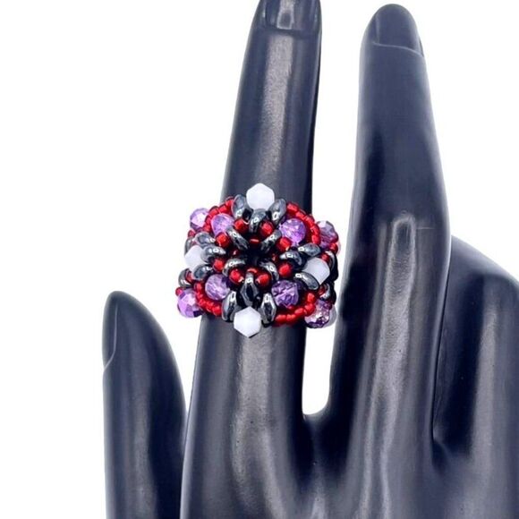 Hematite Black with Amethyst and Ruby Crystal Beaded Statement Ring Size 7 - Picture 6 of 8